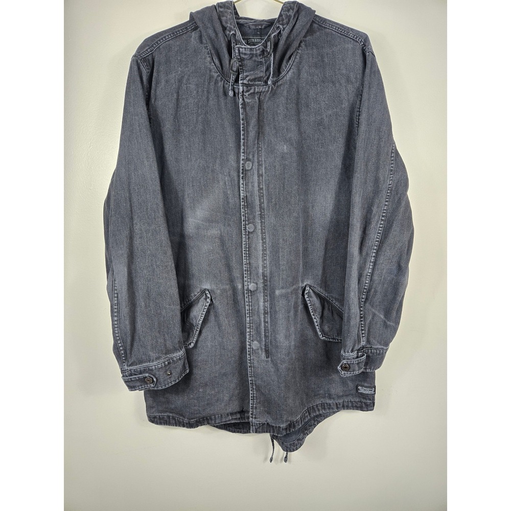Levis Mens Hooded Denim Parka Jacket Faded Black Cotton Utility Coat Large - Picture 1 of 16